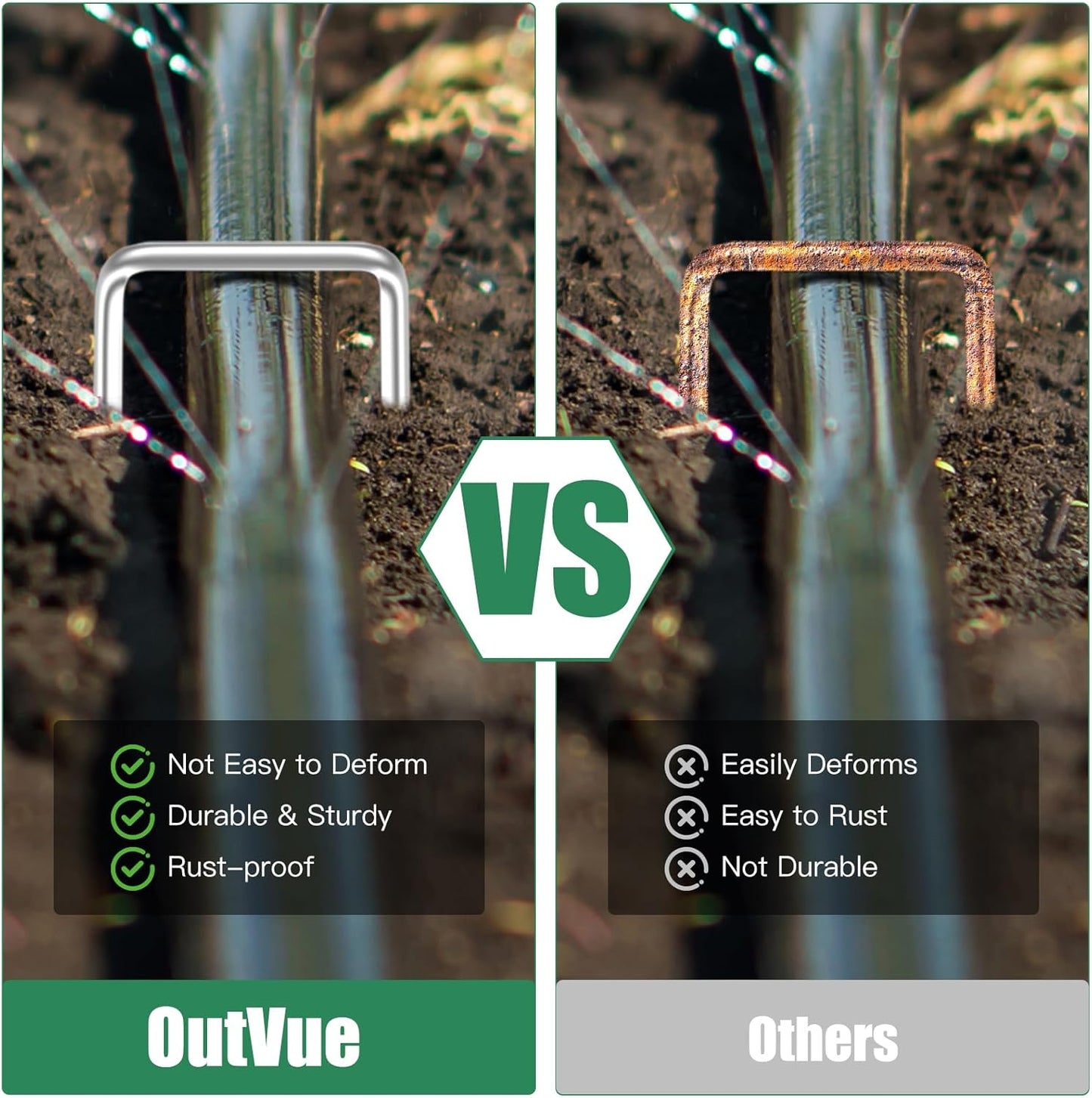 Outvue 6 Inch Landscape Staples - 50 Pack Hot-Dip Galvanized Plant Stakes for Weed Barrier Fabric