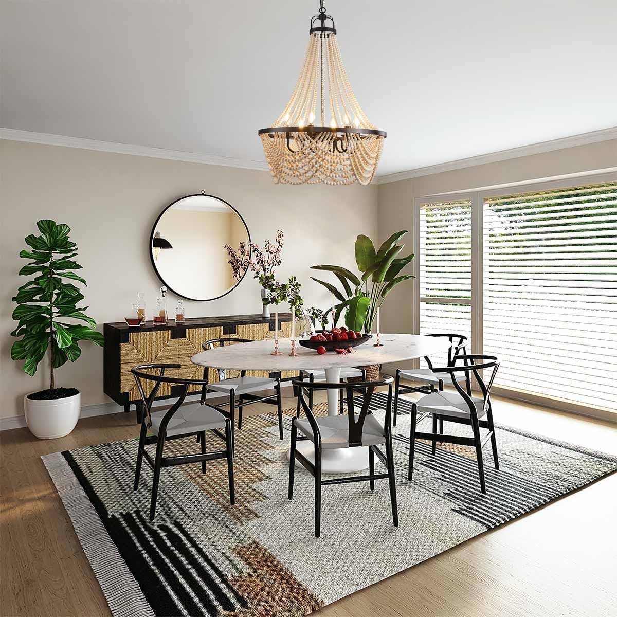 Farmhouse Boho Flush Mount Ceiling Light,3-Light Wood Bead Chandeliers,Black Metal Bohemia Hanging Pendant Lighting,Small Chandelier for Bedroom,Living Room,Entryway,Hallway