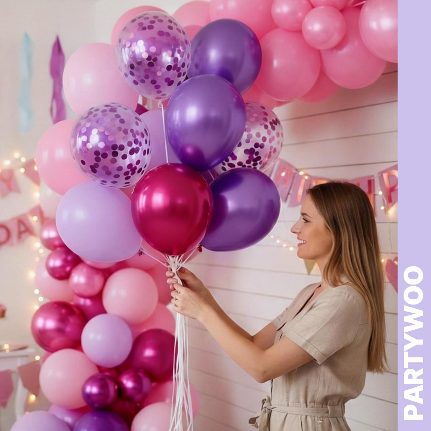 PartyWoo Pink and Purple Balloons 66pcs 12 Inch Baby Pastel Light Metallic Pink Light Purple Lavender Lilac Confetti Balloons for Baby Shower Princess Butterfly Birthday Party Decorations