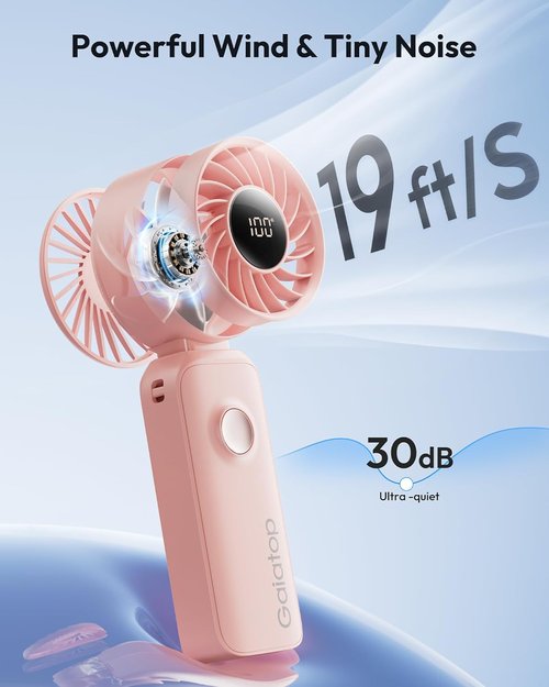 Gaiatop Portable Handheld Fan - 5-Speed Rechargeable with 18-Hour Battery Life | 3-in-1 Neck, Desk & Hand Fan - Pink