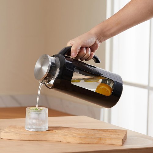 Delove Glass Pitcher with Lid & Shatterproof Shell – Heat-Resistant Borosilicate Glass Jug, 2 L/68 oz with Handle & Spout – Perfect for Iced Tea, Juice, Hot & Cold Water (Black)