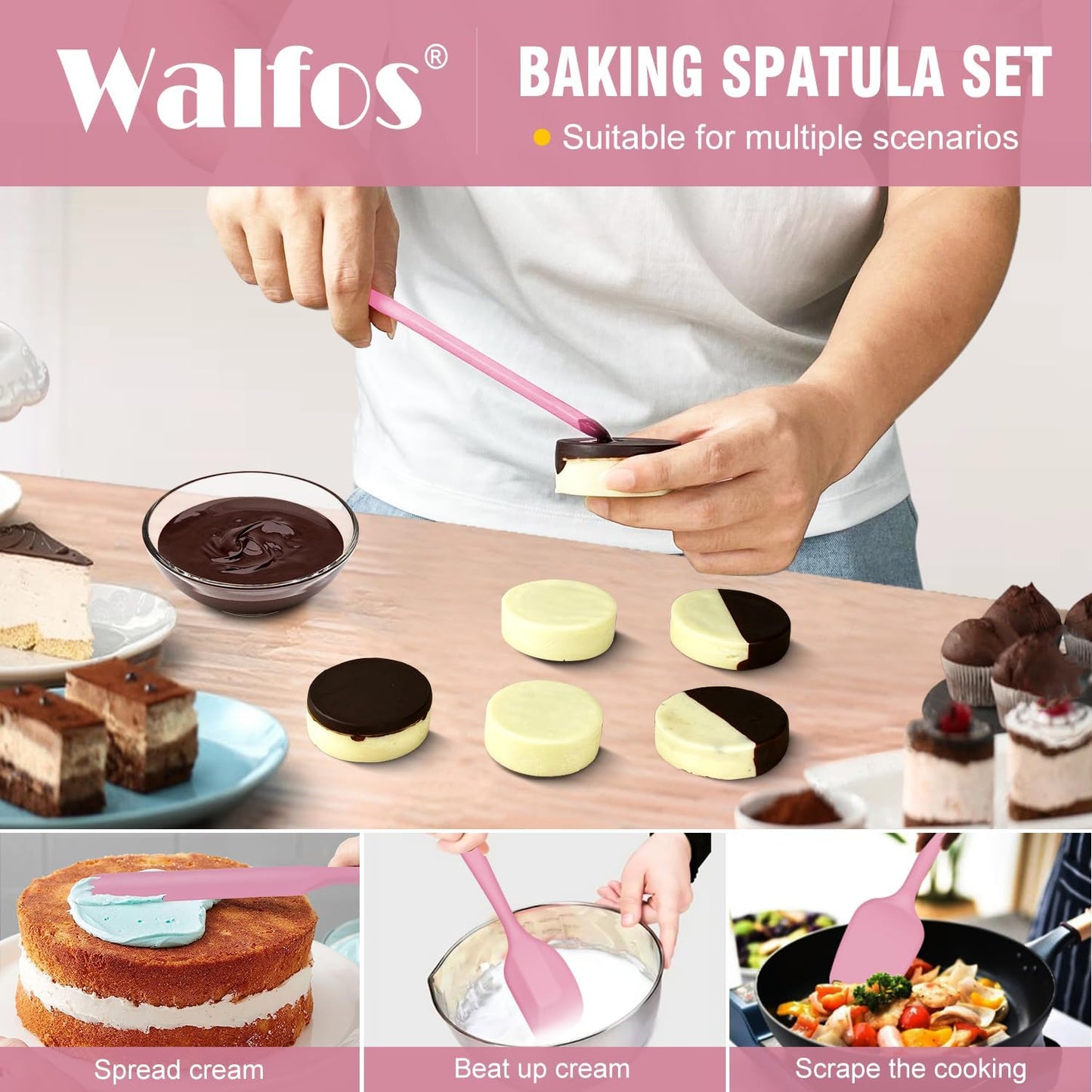Walfos Silicone Spatula Set - High Heat Resistant Kitchen Scrapers (600°F) | BPA Free & Dishwasher Safe - Pink