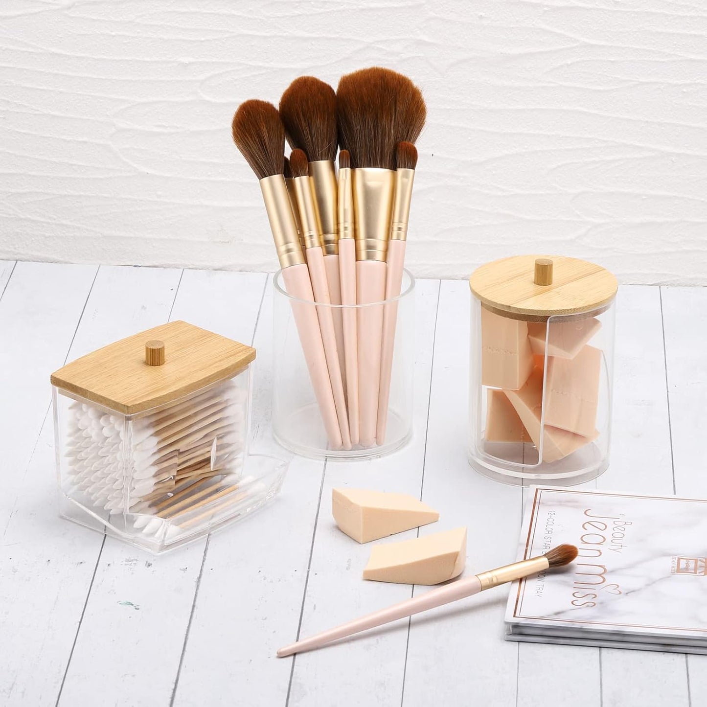 Tbestmax Bathroom Organizer Set | 3-Piece Storage with Bamboo Lids for Cotton Balls & Qtips