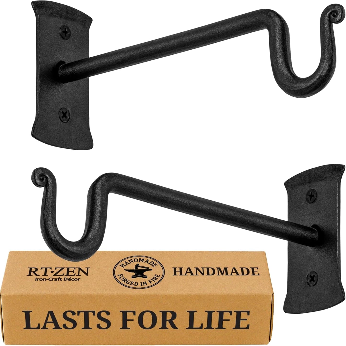 RTZEN Plant Hangers - Heavy Duty Wrought Iron Indoor/Outdoor Hooks for Baskets & Lanterns | 2 Pack (7.5" Black)