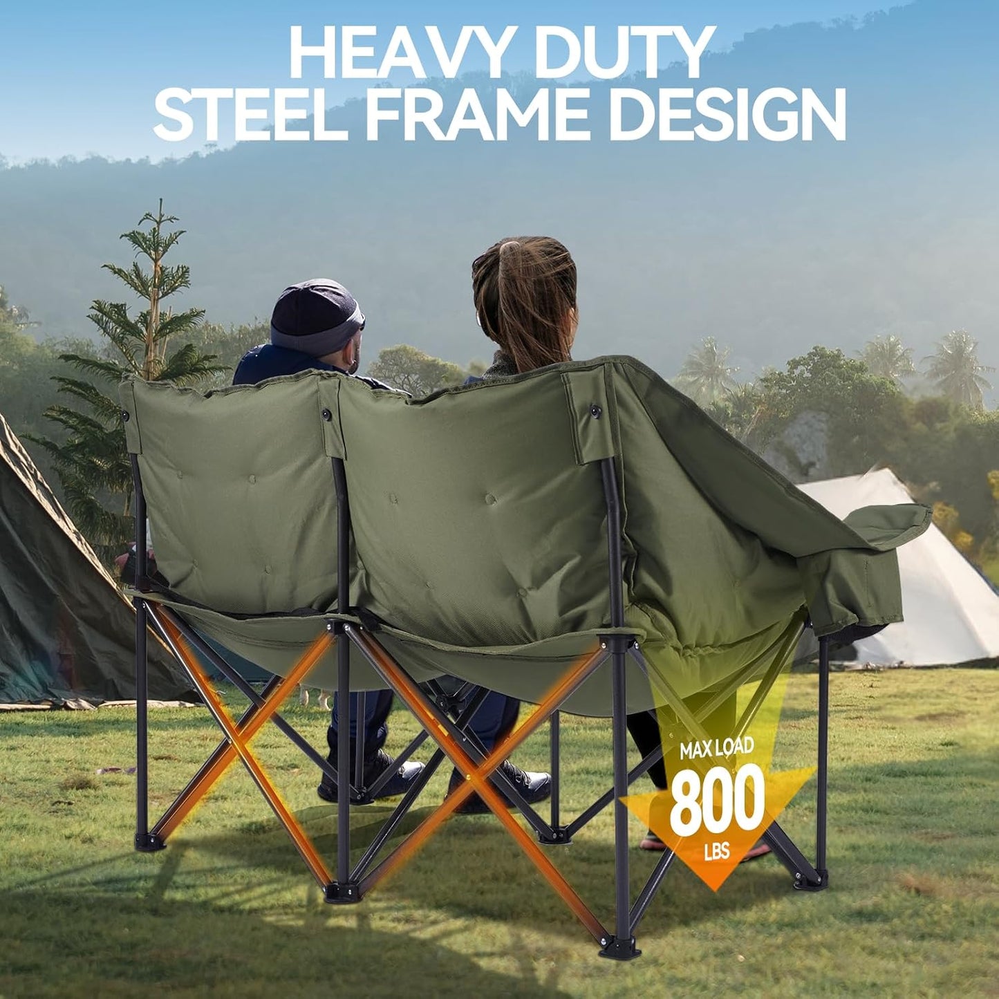 Skiennix Double Camping Chairs - Padded Loveseat for 2 Adults | Heavy-Duty Folding Couch with Cup Holders, Green