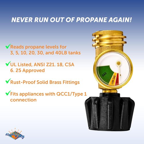 Flame King Propane Tank Gauge - Color-Coded Gas Pressure Meter | Glows in The Dark, Solid Brass (2-Pack)