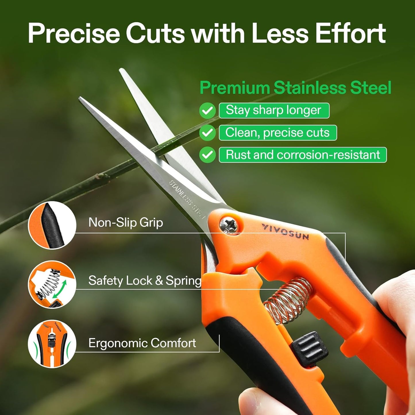 VIVOSUN Gardening Scissors - 6.5 Inch Hand Pruner with Straight Stainless Steel Blades | Orange 1-Pack