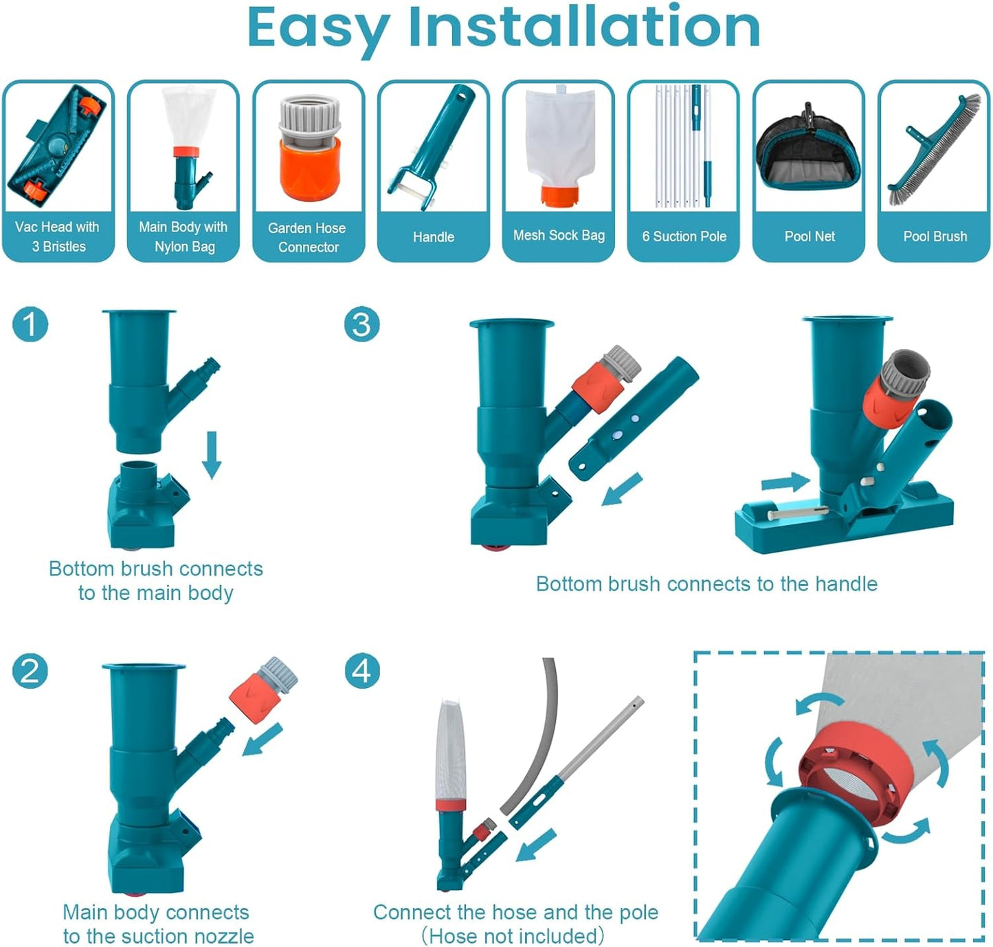 Skiennix Above Ground Pool Cleaning Kit - Vacuum, Leaf Rake, Wall Brush & 8Ft Pole for Easy Debris Removal