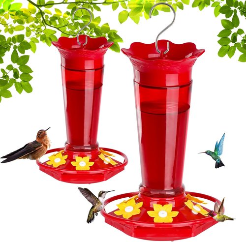 Gbekery 10 OZ Glass Hummingbird Feeders - Ant & Bee Proof, 6 Feeding Ports | Red 2 Pack Garden Décor Gifts