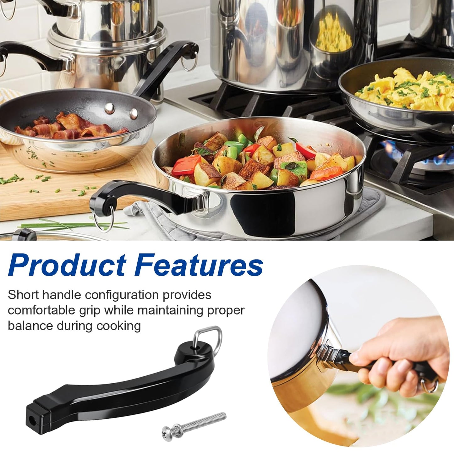 P08-031 Saucepan Handle Replacement (Short) Fits for Farberware 1, 1.5, 2 and 2.5 quart Pan, Pots and Cookware | Durable Pot Replacement parts | Saucepan Handles for Kitchen Cooking with Screw