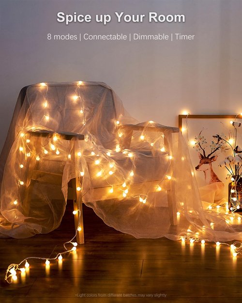 Globe String Lights, 59 Ft 100 LED Christmas Lights with Remote Timer, Connectable Plug in Twinkle Lights for Bedroom Wedding Classroom Indoor Outdoor Decor, Warm White