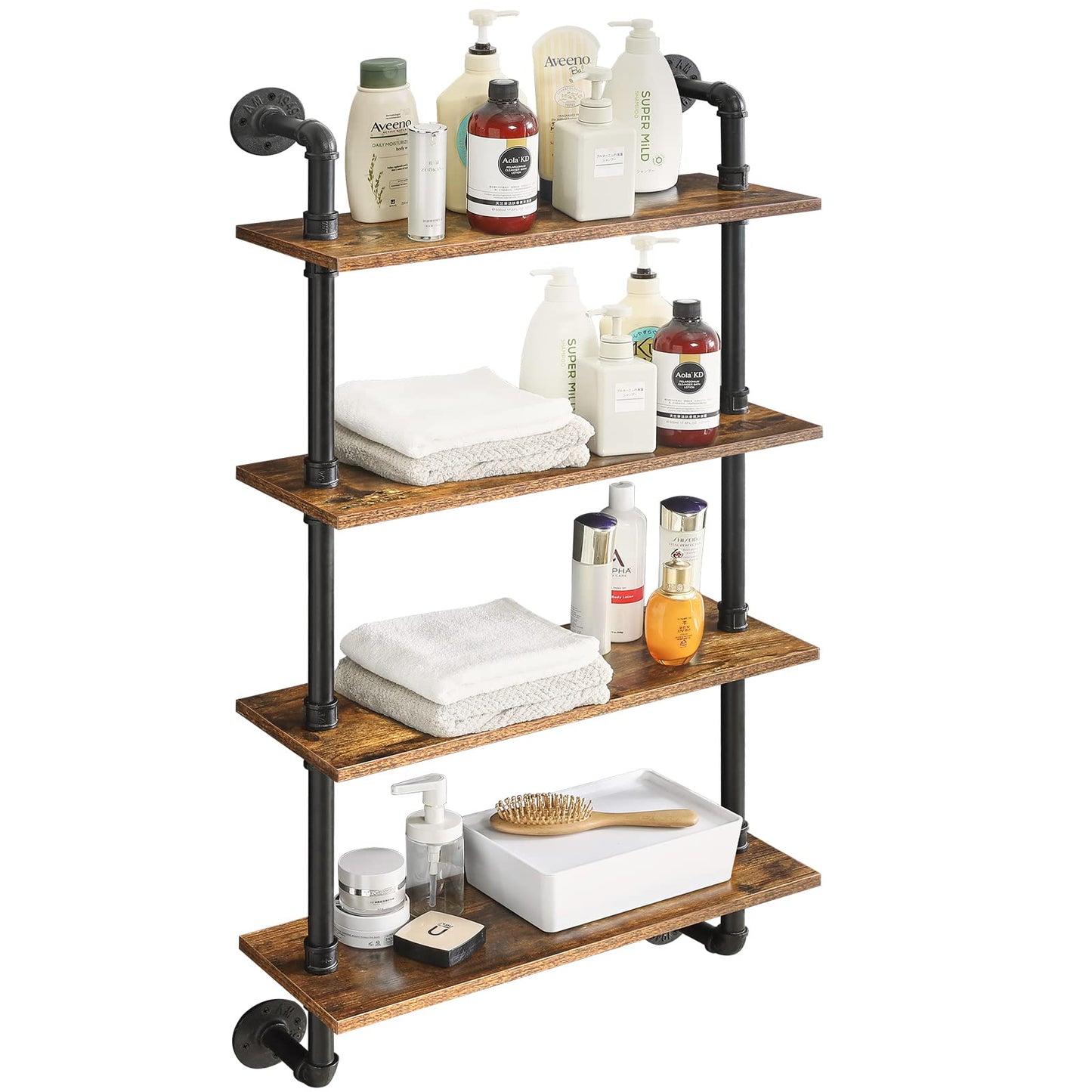 YMYNY Industrial Pipe Shelf Bracket, 4 Tiers Retro Wall Mounted Floating Shelf, Wood DIY Bookshelf, Storage Shelves for Living Room, Bedroom, Office, 24" Farmhouse Bathroom Shelving, UHWS002H