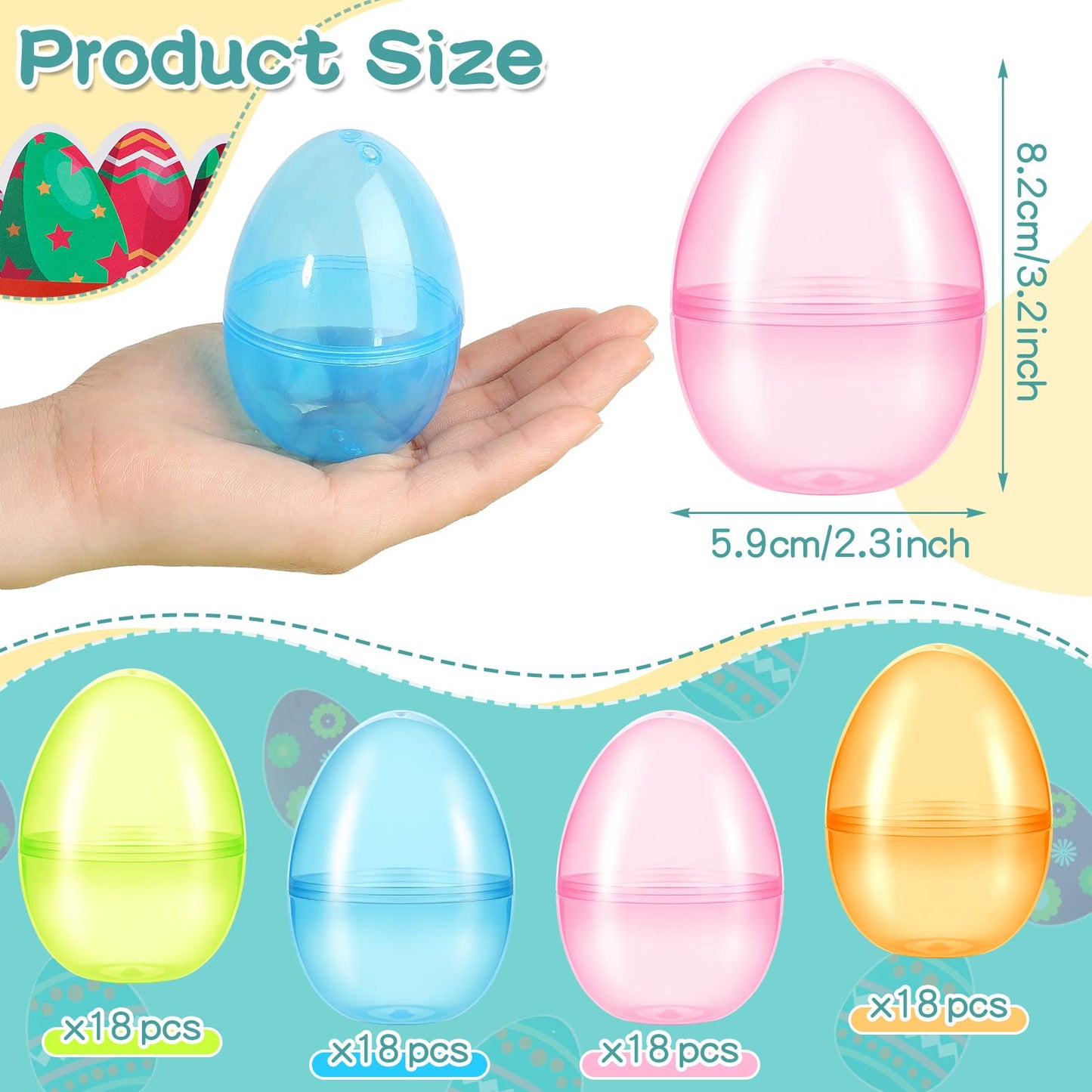 Meooeck 144 Pcs Fillable Plastic Easter Eggs Bulk 3.2'' Clear Mini Empty Colorful Easter Eggs for Prize Toys Filling Treats Basket Stuffers Filler Hunt Party Supplies Favors