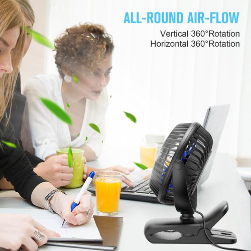 BESKAR Portable USB Clip-On Fan - 3 Speed Quiet Desk Fan with Strong Airflow & Sturdy Clamp