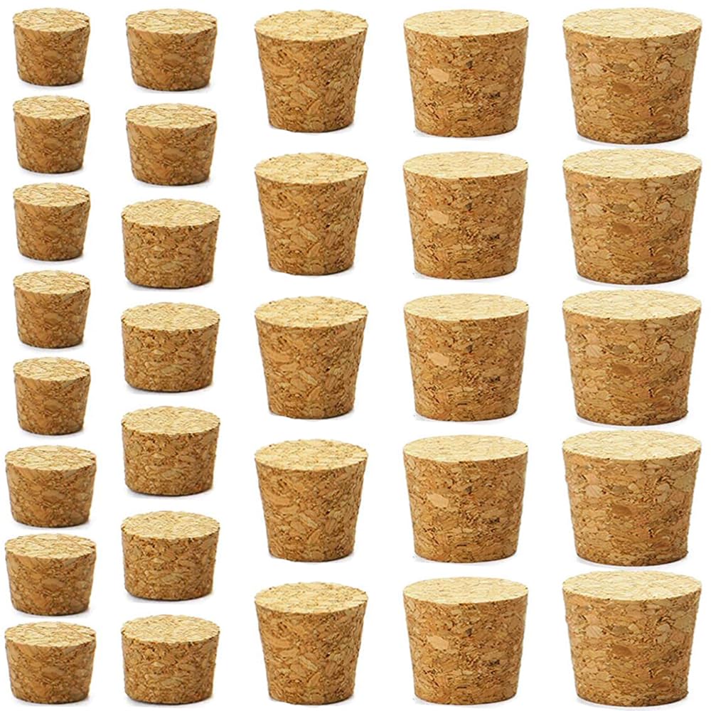 30Pcs Cork Stoppers, Wooden Tapered Wine Bottle Stoppers Replacement Corks, Wooden Tapered Cork Plugs for Wine Beer Bottle Crafts, 6 Sizes