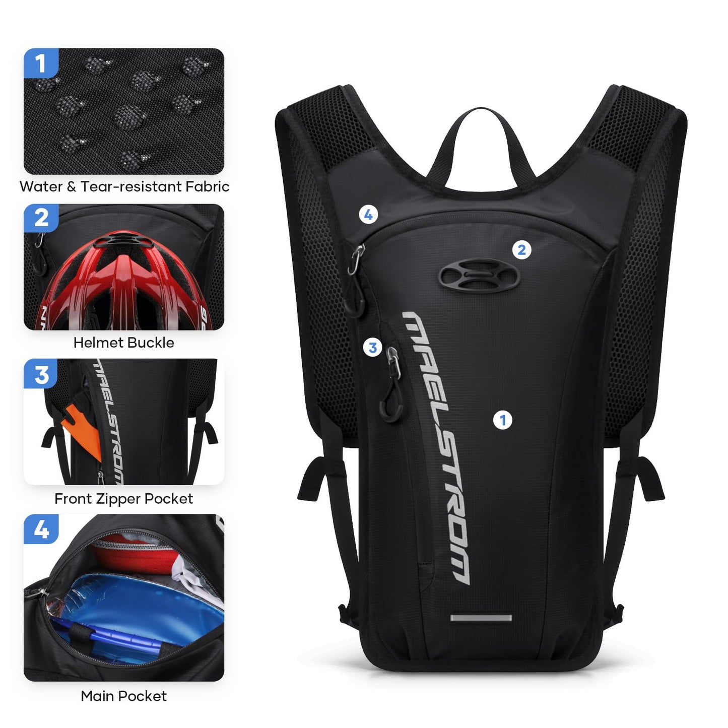 Maelstrom Hydration Backpack, Hiking Backpack with 2L Water Bladder, Running Hydration Vest for Cycling Hiking Rave for Men Women (Black)