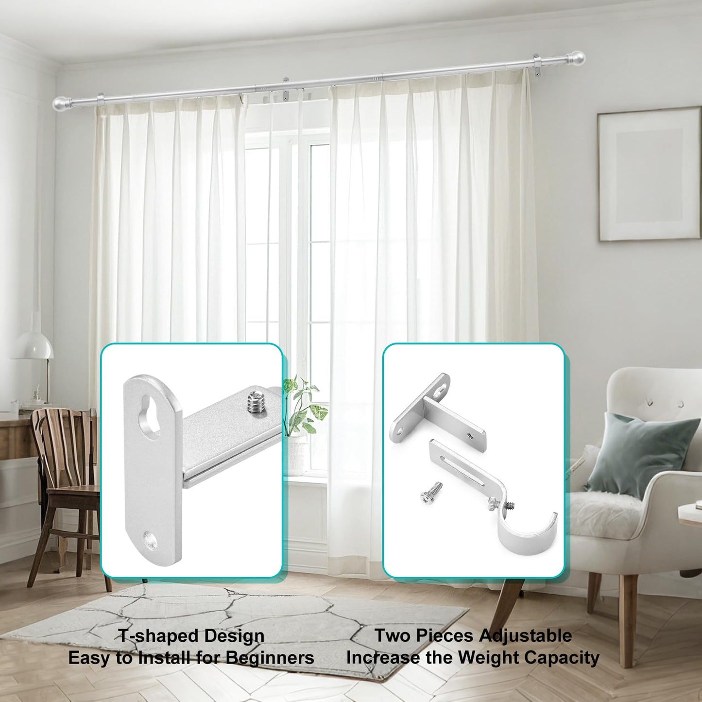 AMZSEVEN Adjustable Curtain Rod Brackets, Metal Window Drapery Rod Hanger Holders Hooks for 1 inch Rods (Satin Silver, Set of 2)