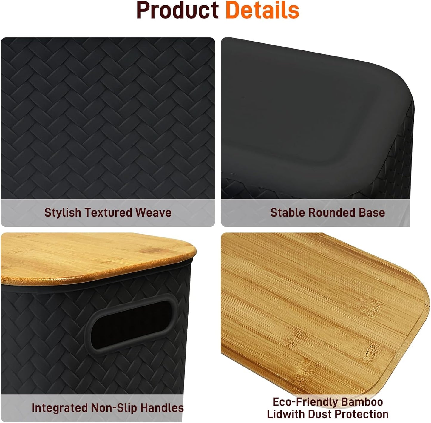 Soddeph Plastic Storage Bins - Stackable Containers with Bamboo Lids for Organizing | 4 Packs in Black