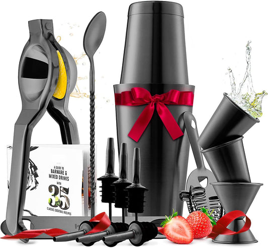 Bar Set Cocktail Shaker Set, Stainless Steel Mixology Bartender Kit, 16 Piece Cocktail Kit, Black Cocktail Set, Bar Tools: 30oz Martini Shaker, Muddler, Bar Kit Cocktail Book, Jigger and Pourers