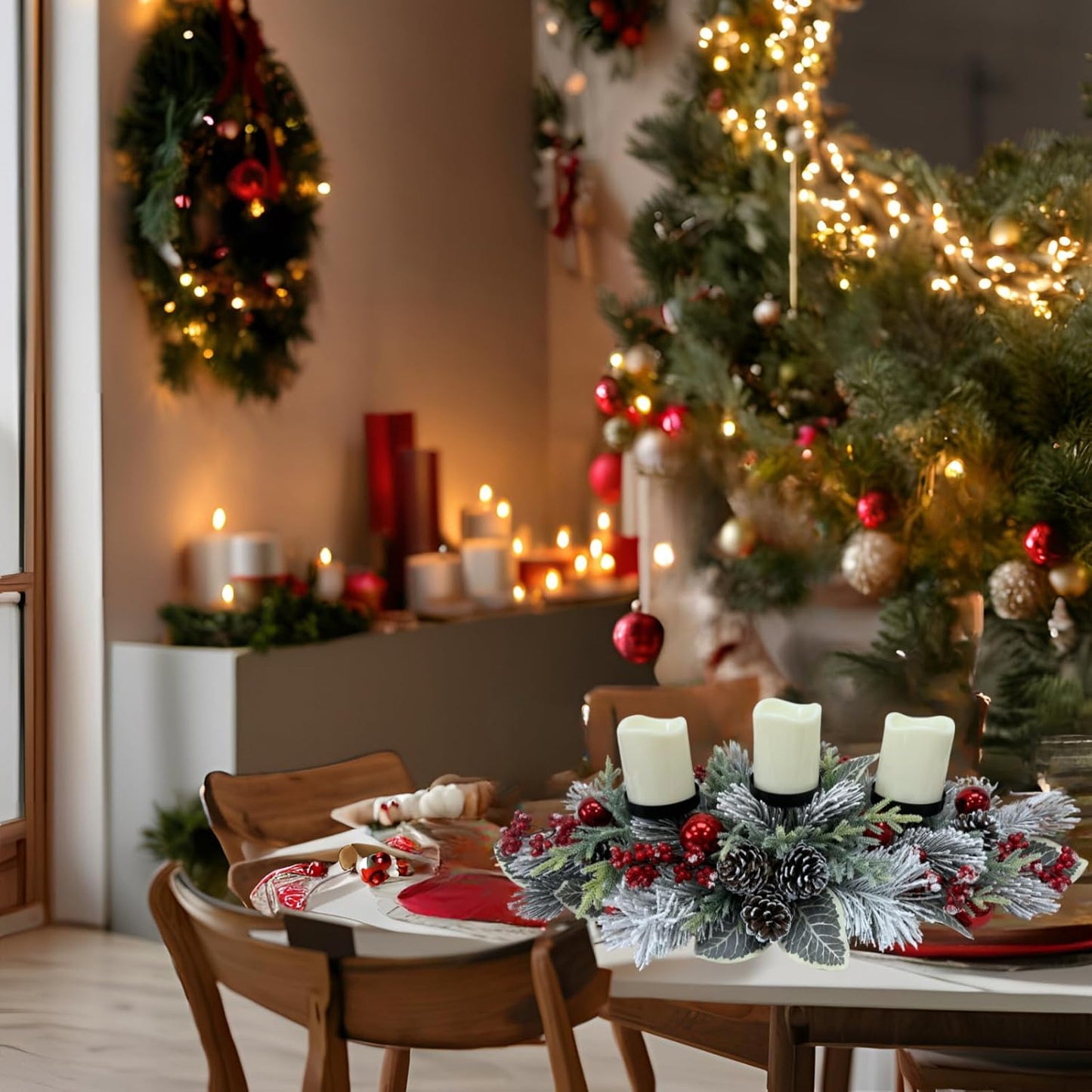 Svndlyn Christmas Candle Holder - 3 Candle Holders with Snow Flocked Pine Branches & Red Berries | Festive Table Centerpiece