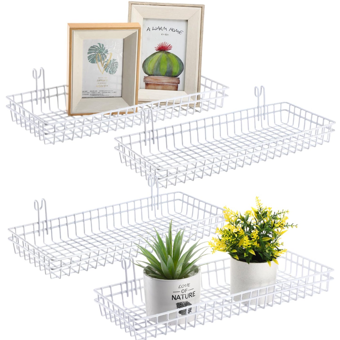 Blulu 4 Pcs 15.75 x 5.91 x 1.97 Inch Metal Grid Wall Baskets with Hooks Grid Wall Shelves Hanging Wire Basket Multi Function Storage Organizer for Kitchen Organizing Display (White)