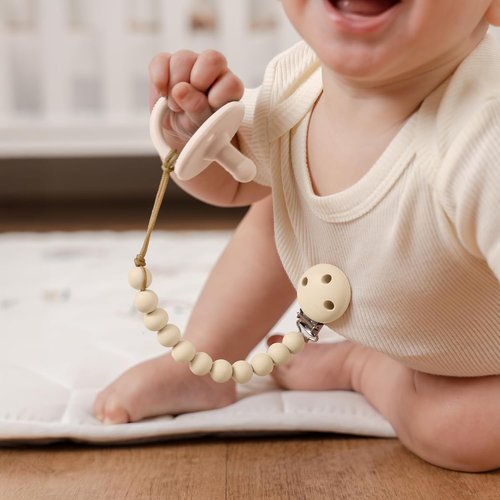 Comfy Cubs Pacifier Clips - 100% Food Grade Silicone, BPA & PVC Free | Lightweight & Flexible - Beige & Light Beige, 2 Pack