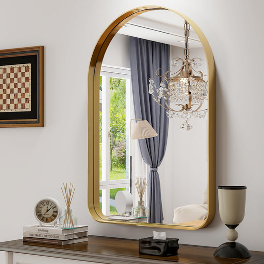 GLSLAND 24”x36“ Gold Arched Bathroom Mirror - Aluminum Alloy Framed Mirrors for Wall- Arch Wall Mirror, Brush Gold Bathroom Mirror for Bedroom