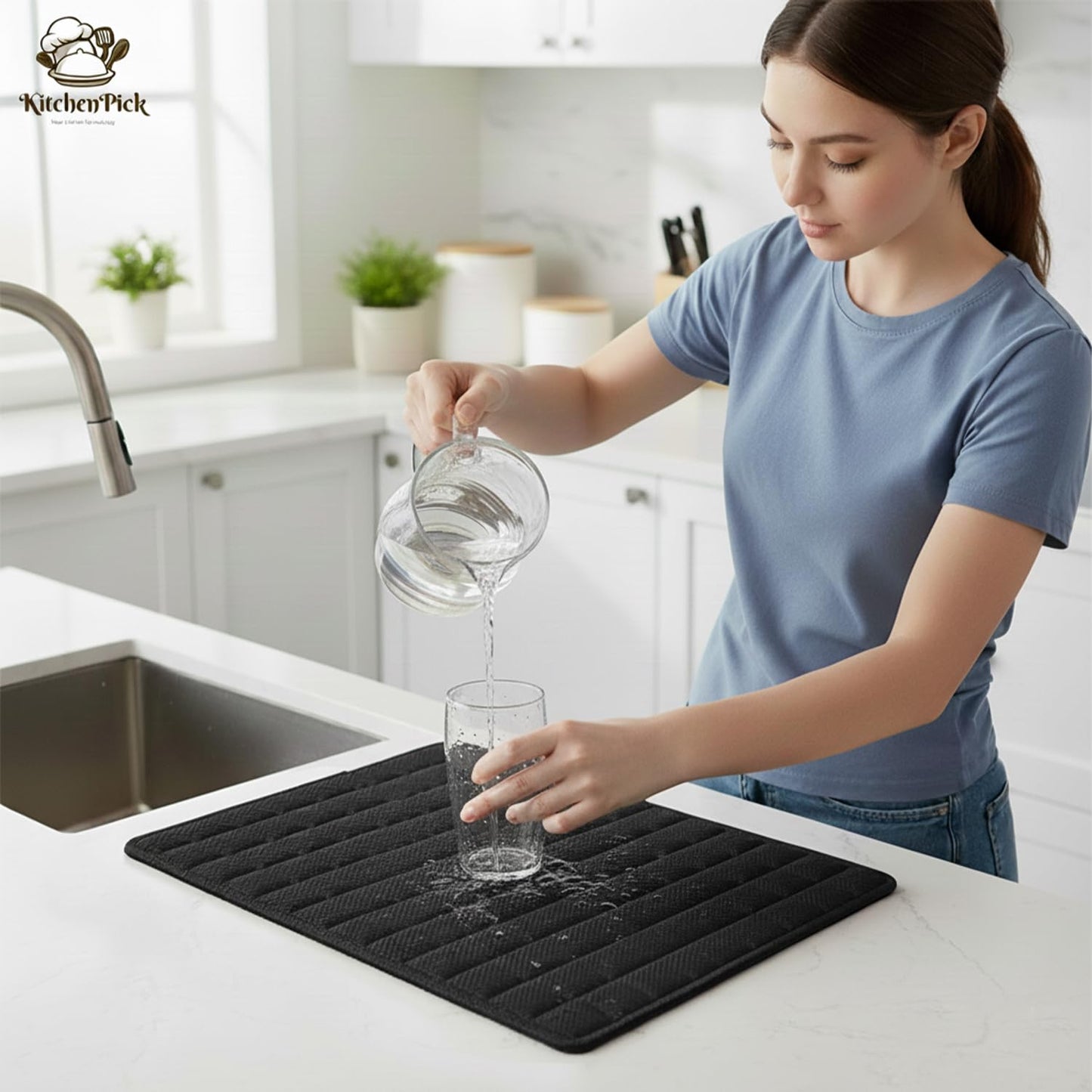 KitchenPick Microfiber Dish Drying Mat 15" x 20", Large Water-Absorbent Dish Drying Mat, Soft Quick-Dry Mat for Sink Dishes, Pots and Pans, Machine Washable Black Dish Drying Matt Kitchen Counter
