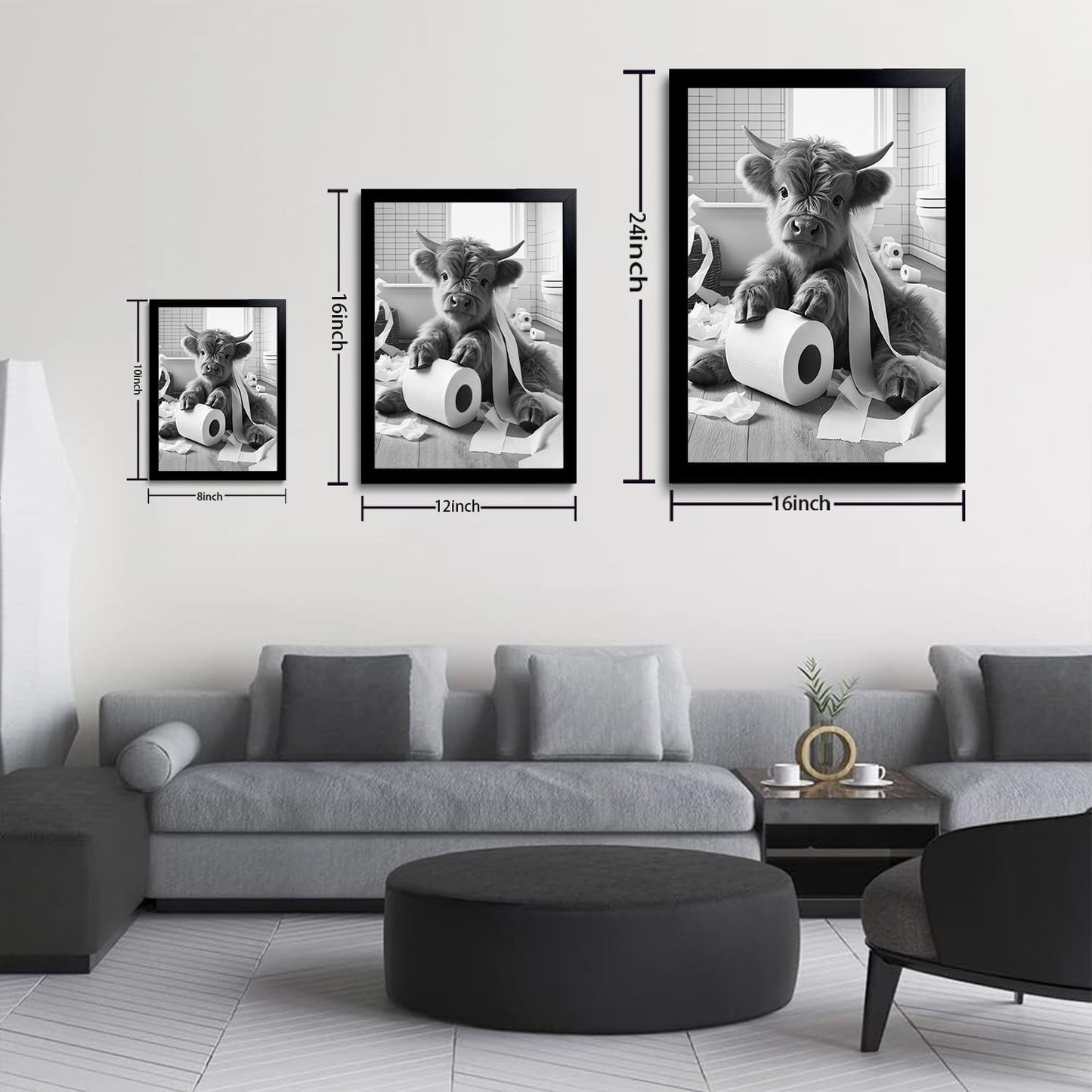 OIQArt Funny Bathroom Wall Art - Black and White Highland Cow Canvas Print | Modern Minimalist Decor