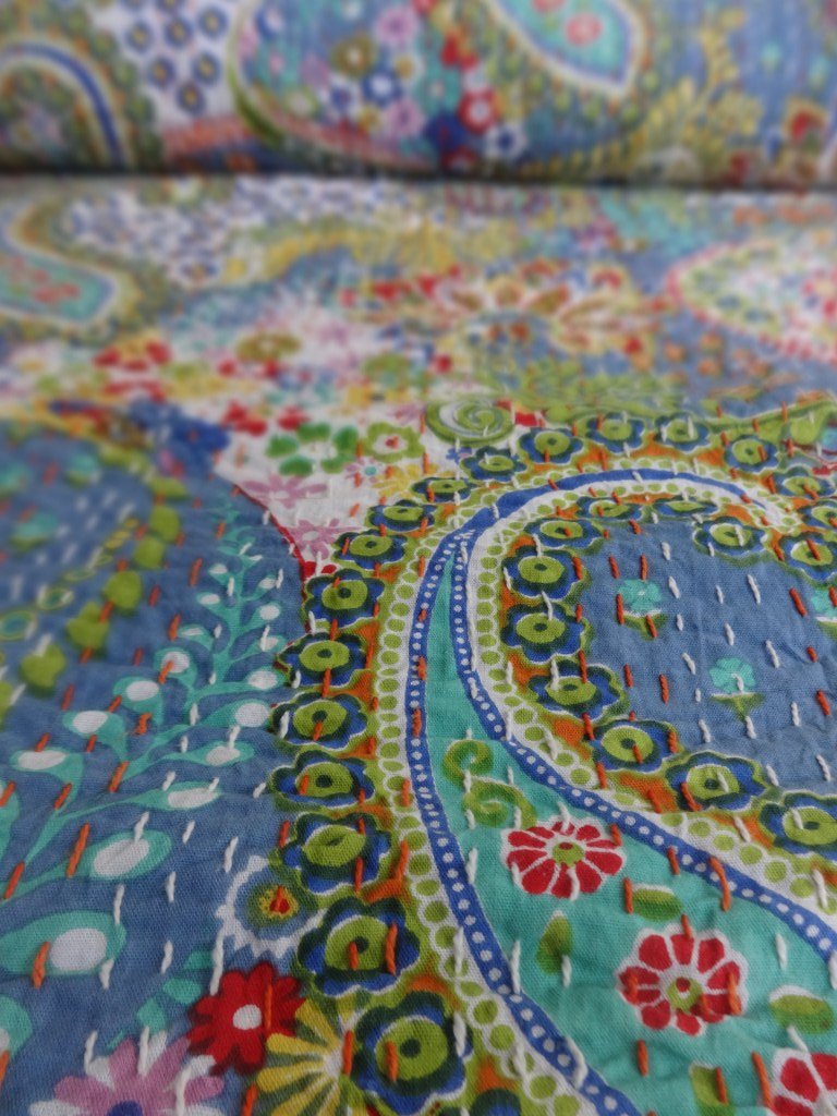 Trade Star Handmade Paisley Printed Quilt Twin Size Kantha Bedding Indian 100% Cotton Bedspread Bohemian Throw Floral Bed Cover for Home Decor