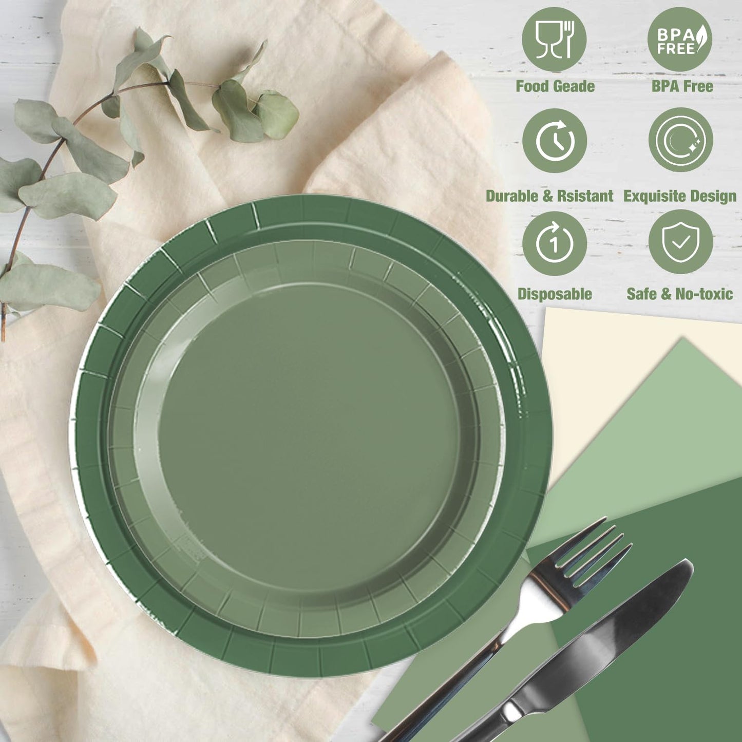 Oigco 60 PCS Sage Green Paper Plates, Sage Green Birthday Decorations, Gradient Plates and Napkins for Birthday Wedding Bridal Baby Shower Party Supplies