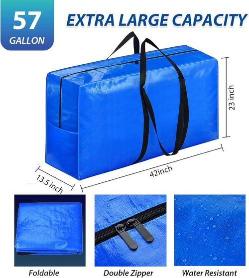 57 Gallon XXL Jumbo Storage Bags by [Brand Name] - Heavy Duty Moving Totes, Foldable Duffle for Travel | 42x23x13.5 Inch - 2 Pack
