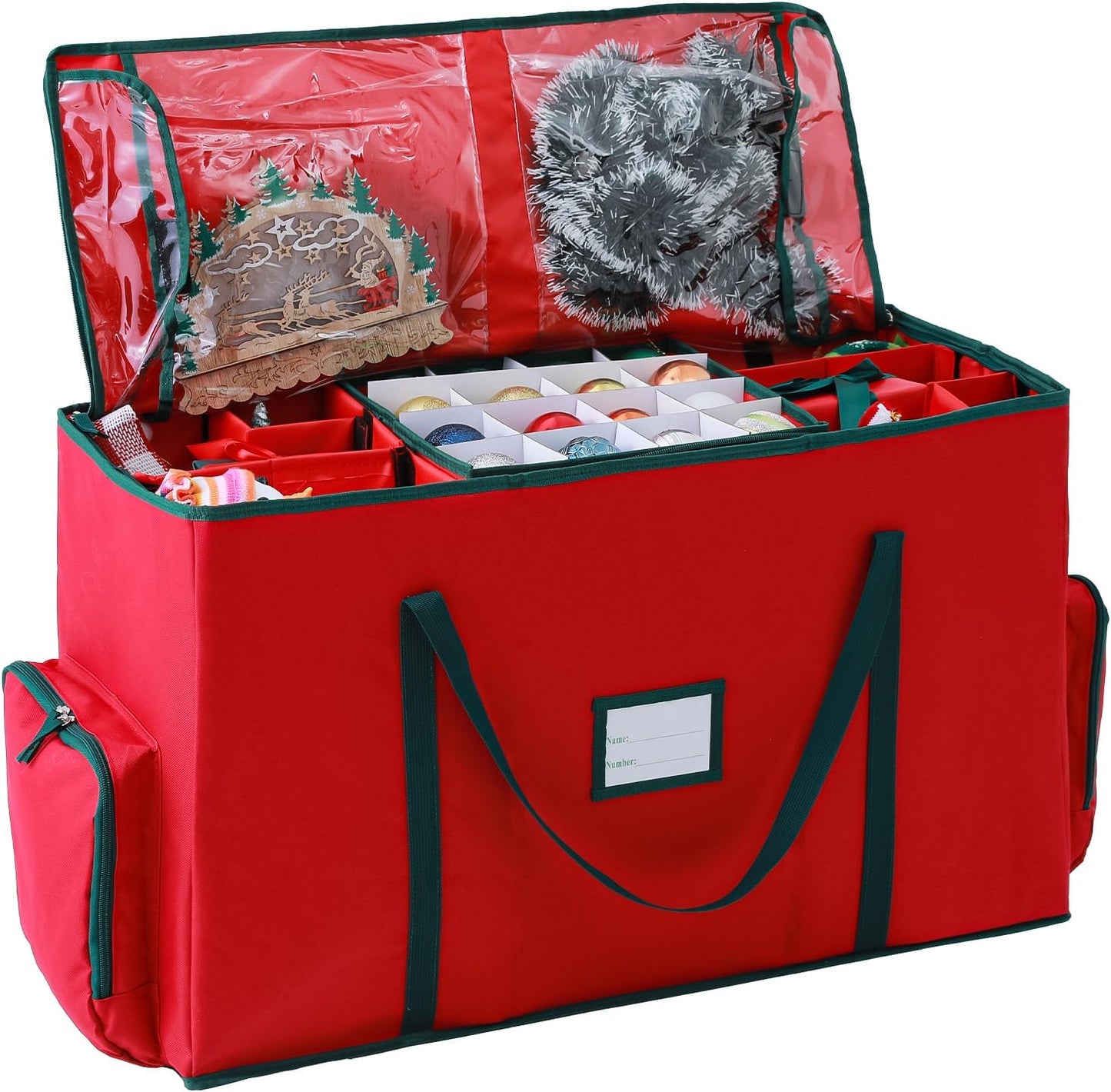 Skiennix 2-In-1 Christmas Ornament Organizer Box - Holds 73 Holiday Ornaments, Adjustable Space & Pockets for Figurines