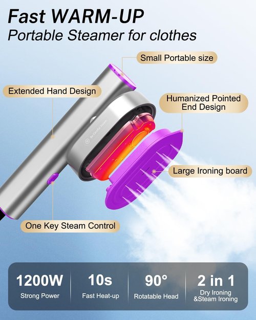 ELORTI Travel Clothes Steamer - Handheld Mini Iron with 10s Fast Heat-Up, 1200W, Purple | Perfect for Home & Office