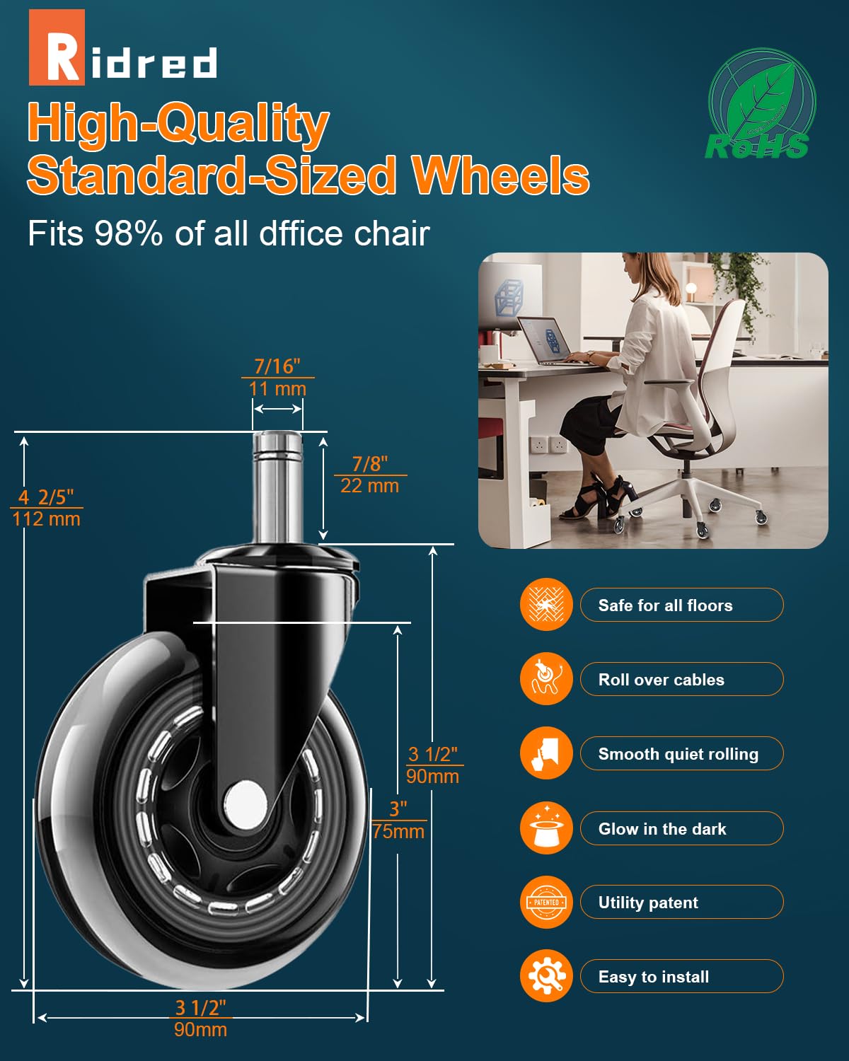 RidRed Office Chair Wheels - Heavy-Duty 3-Inch Rubber Casters | Universal Fit, Noise-Free for All Floors (Set of 5)
