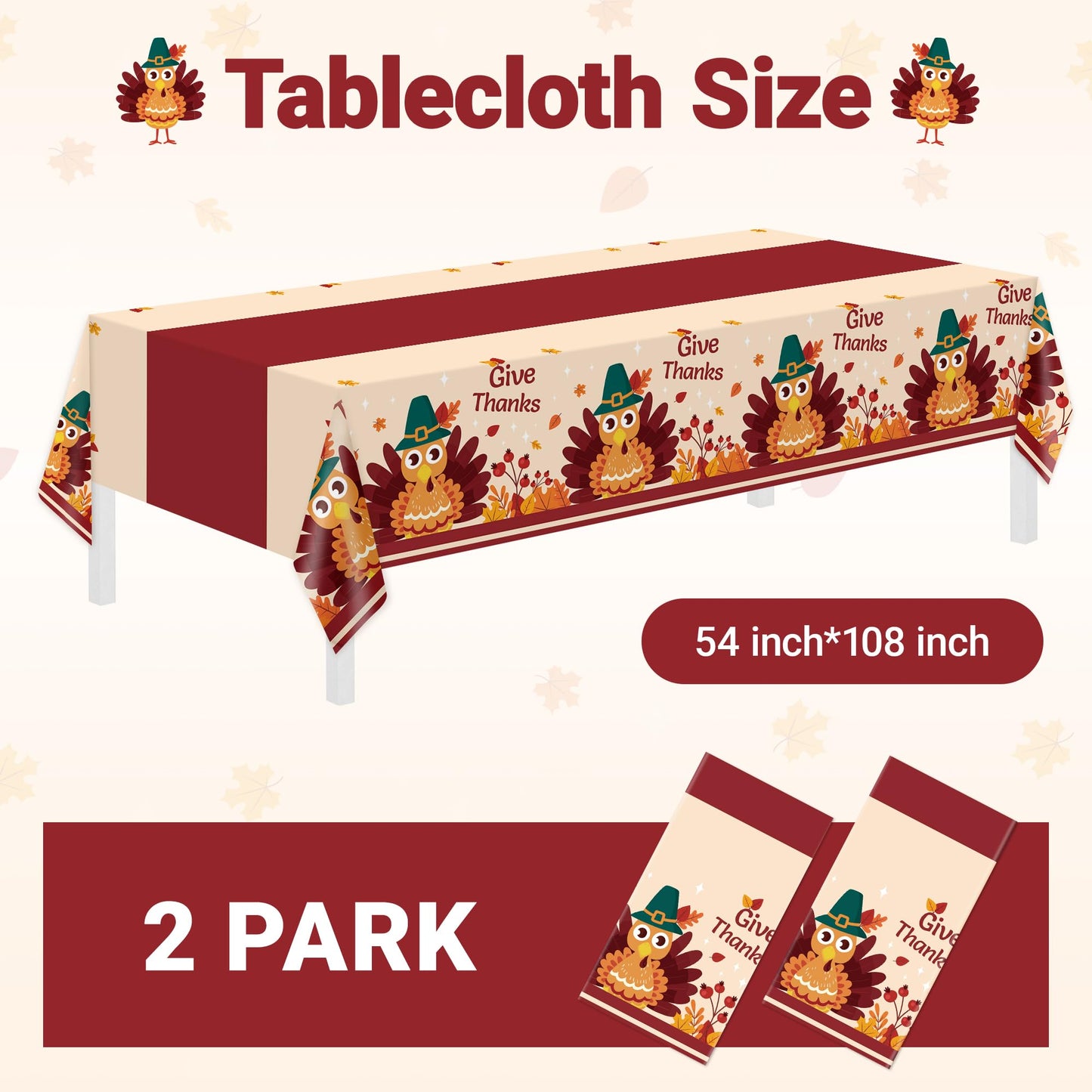 Thanksgiving Tablecloth,2 Pack Disposable Plastic Tablecloths for Rectangle Tables 54"x108",Thanksgiving Decorations,Turkey Table Cloths for Home,Dinner,Give Thanks Table Cover for Picnic,Birthday