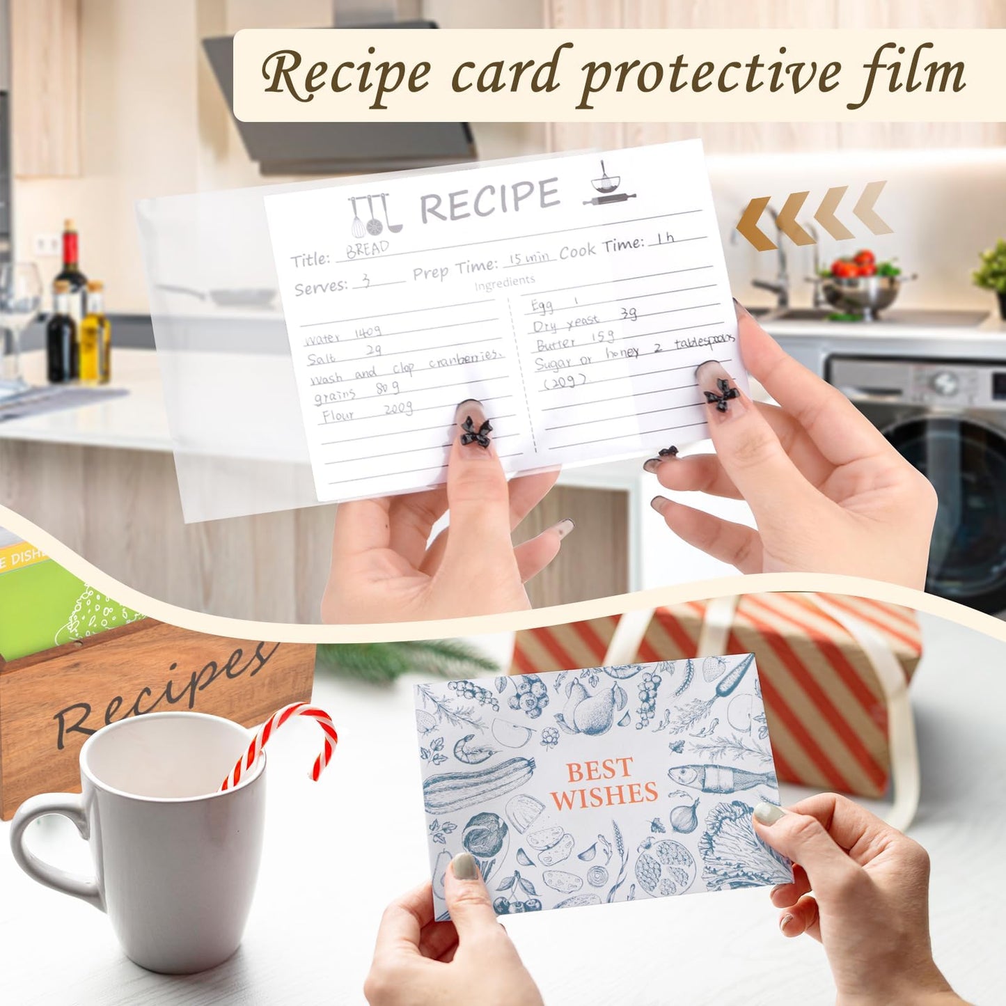 Icepark Acacia Wood Recipe Box (4x6), Custom Design Recipe Cards, 15 Multi-Color Labeled Dividers, 100 Waterproof Protectors, Magnetic Lid, Kitchen Recipe Organizer