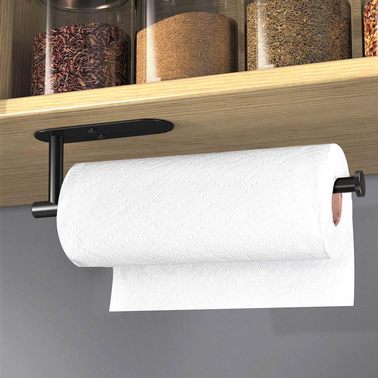 VAEHOLD Adhesive Paper Towel Holder - Wall-Mounted Kitchen Organizer | Black Stainless Steel Design