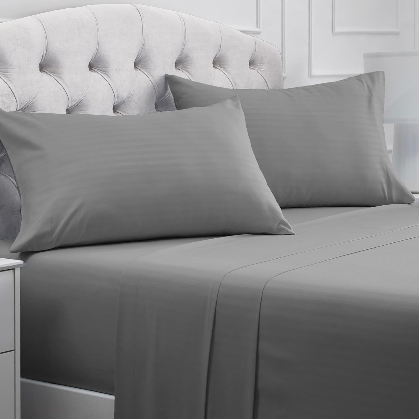 Mellanni Queen Sheets Set - 4 PC Hotel Luxury Bedding | Extra Soft, Cooling, Wrinkle-Resistant (Striped Gray/Silver)