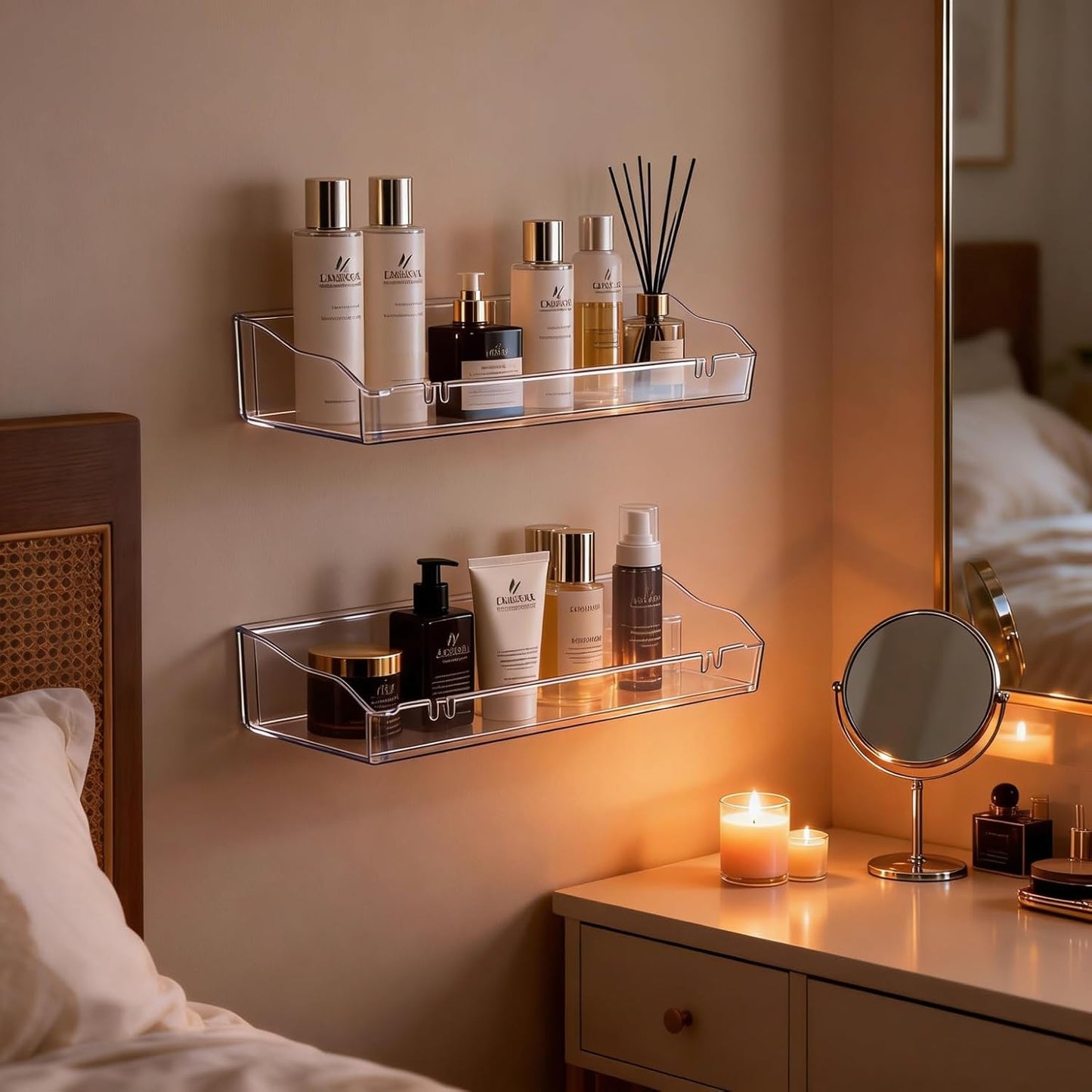 Skiennix Clear Acrylic Floating Shelves - Versatile Wall-Mounted Organizer for Bathroom, Kitchen & Living Room