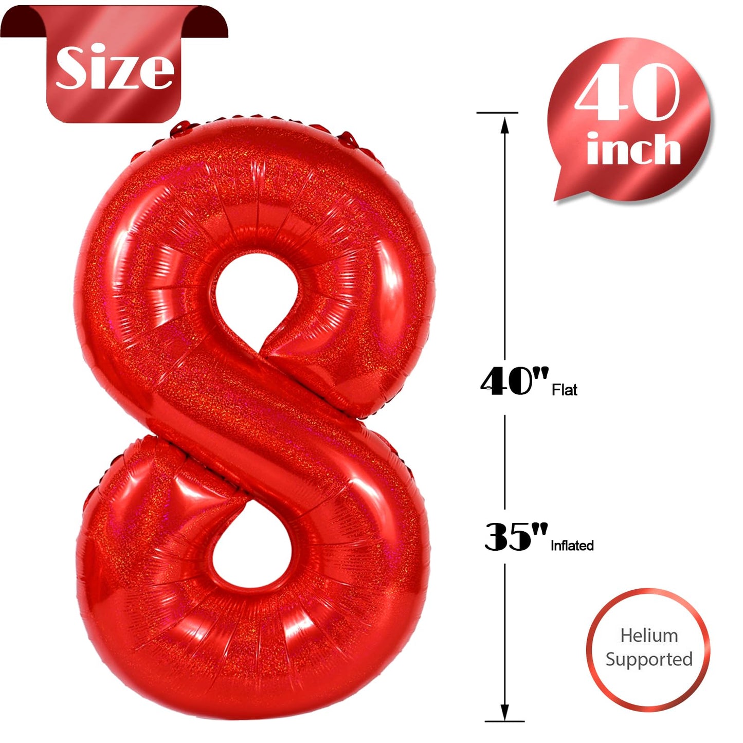Laser Red 8 Balloon, Number Balloons 40 Inch, 8th Birthday Decorations for Girls, Birthday Balloons, Laser Red Party Supplies, Number 8 Balloon
