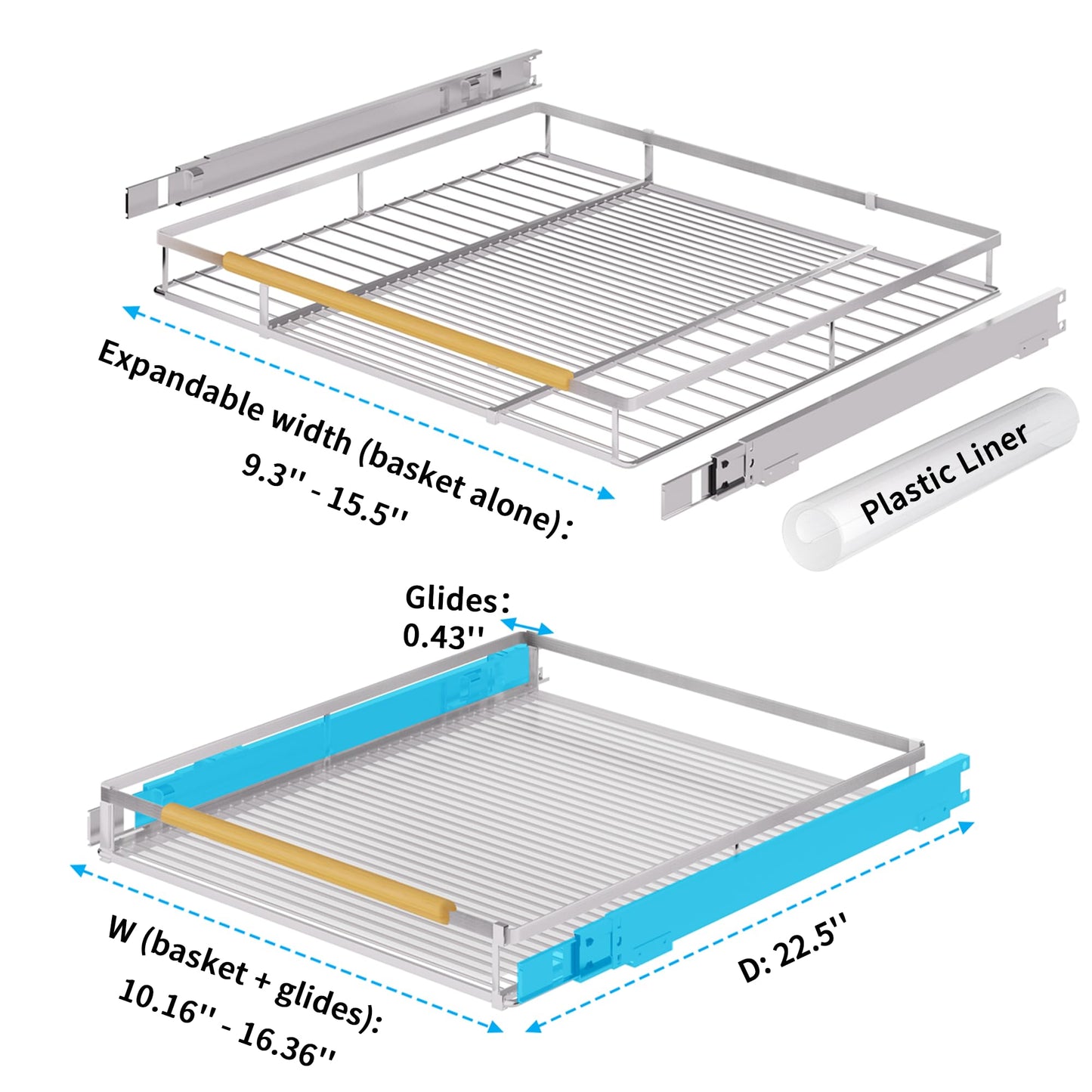 KIKIBRO Expandable Pull Out Drawer Cabinet Organizer, Adjustable Width Bottom-Mounted Slide Out Storage Shelves for Cabinets, Required Cabinet Size (W: 10.16"~16.36", D≥22.5"), 1 Pack