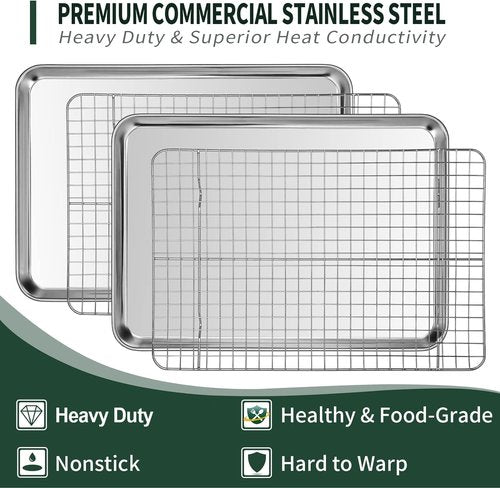 CEKEE Quarter Sheet Pan Set - Stainless Steel Baking Sheets with Cooling Racks | Rust & Warp Resistant, 12 x 9.8 x 1 Inch