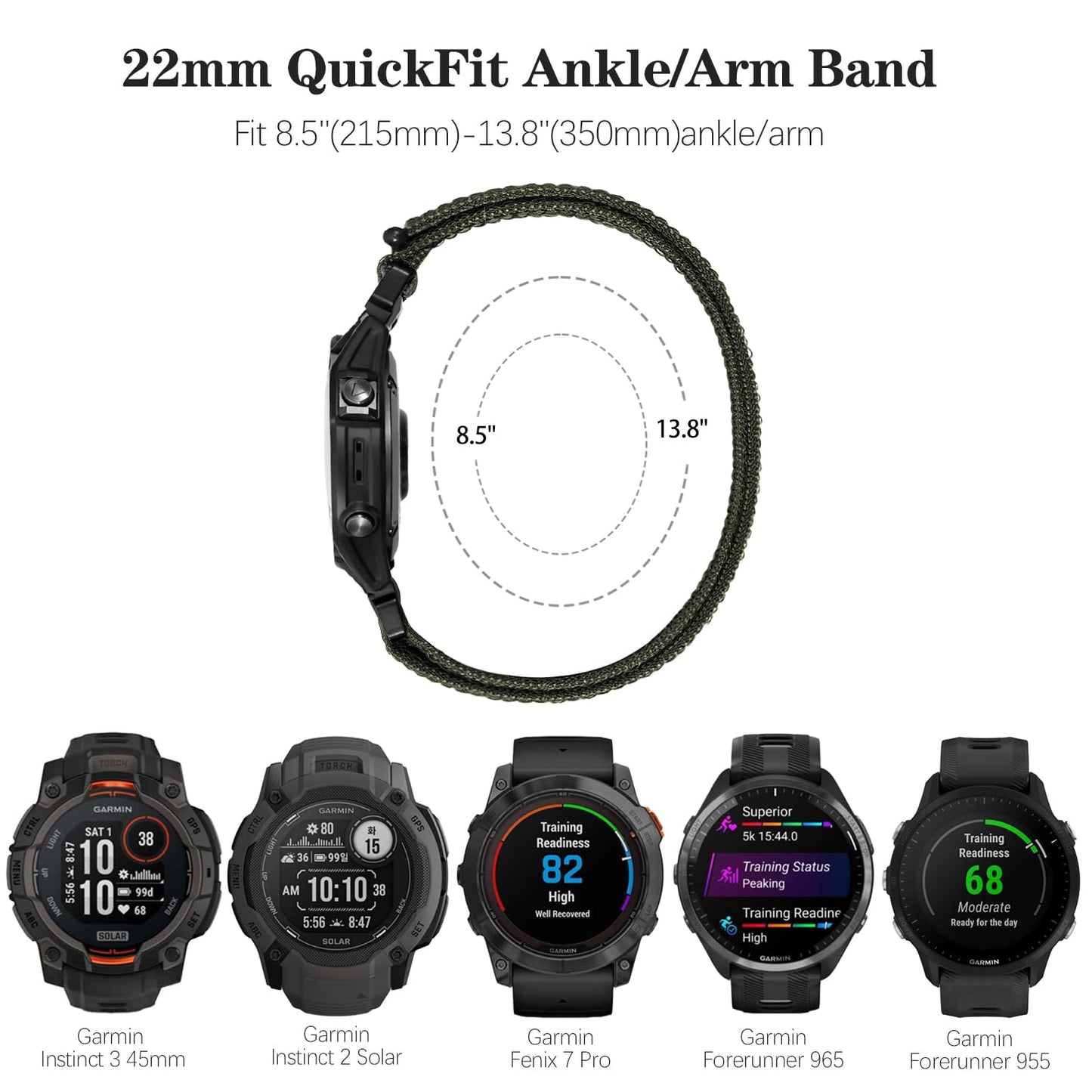 Oanux 22mm QuickFit Sports Ankle/Arm Band Compatible with Garmin Fenix 6 Pro/6/7/7 Pro/5/5 Plus, Soft Nylon Bicep Strap for Forerunner 970/965/955/945/935 & Instinct 3 45mm/E 45mm/Solar/2/2 Solar