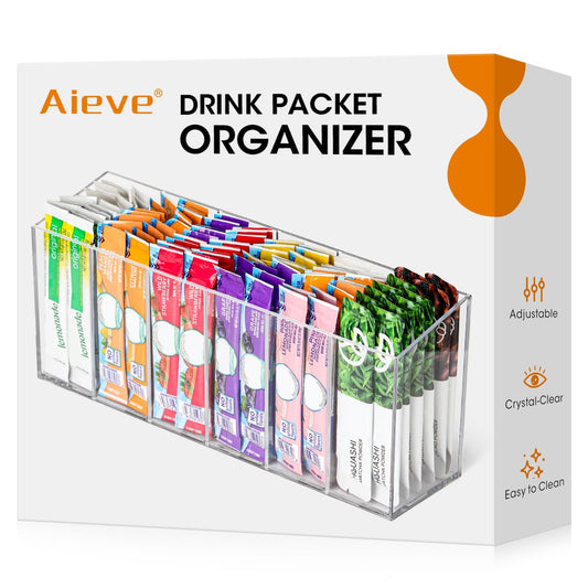 AIEVE Drink Packet Organizer, 360° Rotating Lazy Susan Turntable Powdered Drink Mix Holder, Acrylic Water Packet Container for Pantry Organizer Kitchen Storage Organization (Round)