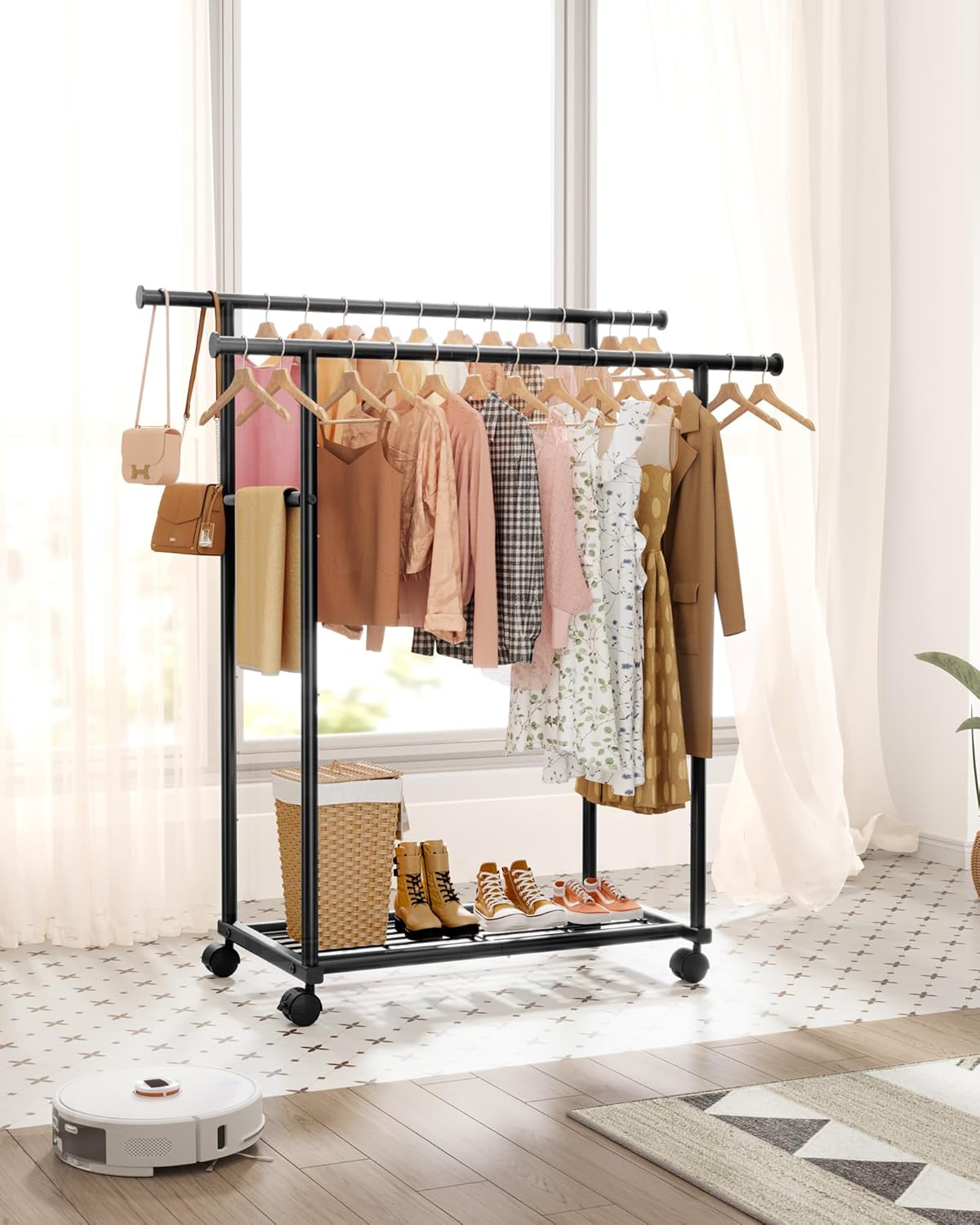 Sakugi Metal Clothes Rack - Double Rod Design with Rolling Wheels & Built-In Shelf | 38.5" x 16.9" x 59", Black