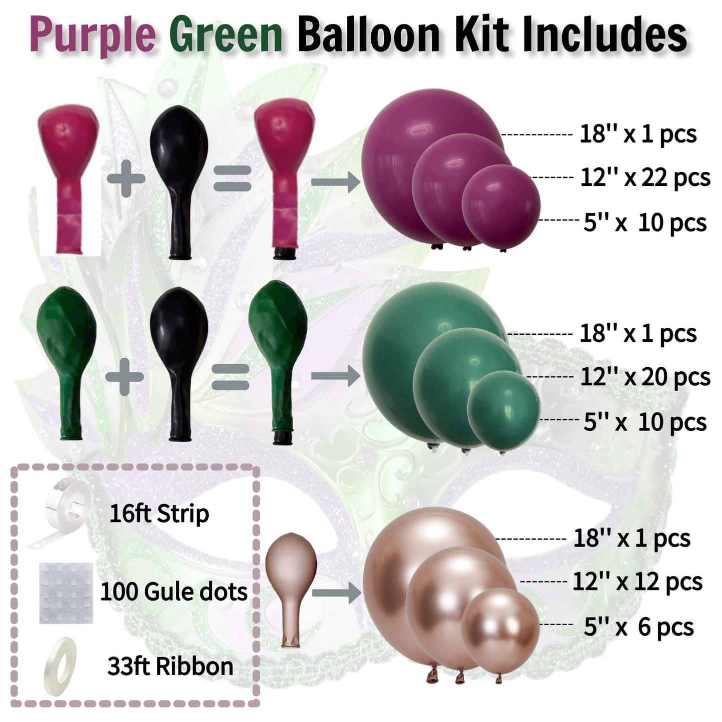 Purple Green and Champagne Gold Balloon Arch Kit – Double Stuffed Plum, Emerald, Hunter Green, and Metallic Champagne Balloons for Mardi Gras, Wedding, Birthday, Fall Party, Baby Shower