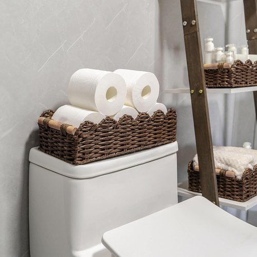 CubesLand Wicker Floating Shelves Baskets - Scalloped Edge Toilet Paper Organizer | Brown Rattan with Wood Handle