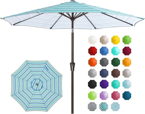 JEAREY 9FT Outdoor Patio Umbrella - UV Protection, Waterproof, Push Button Tilt & Crank | Blue Green Stripe