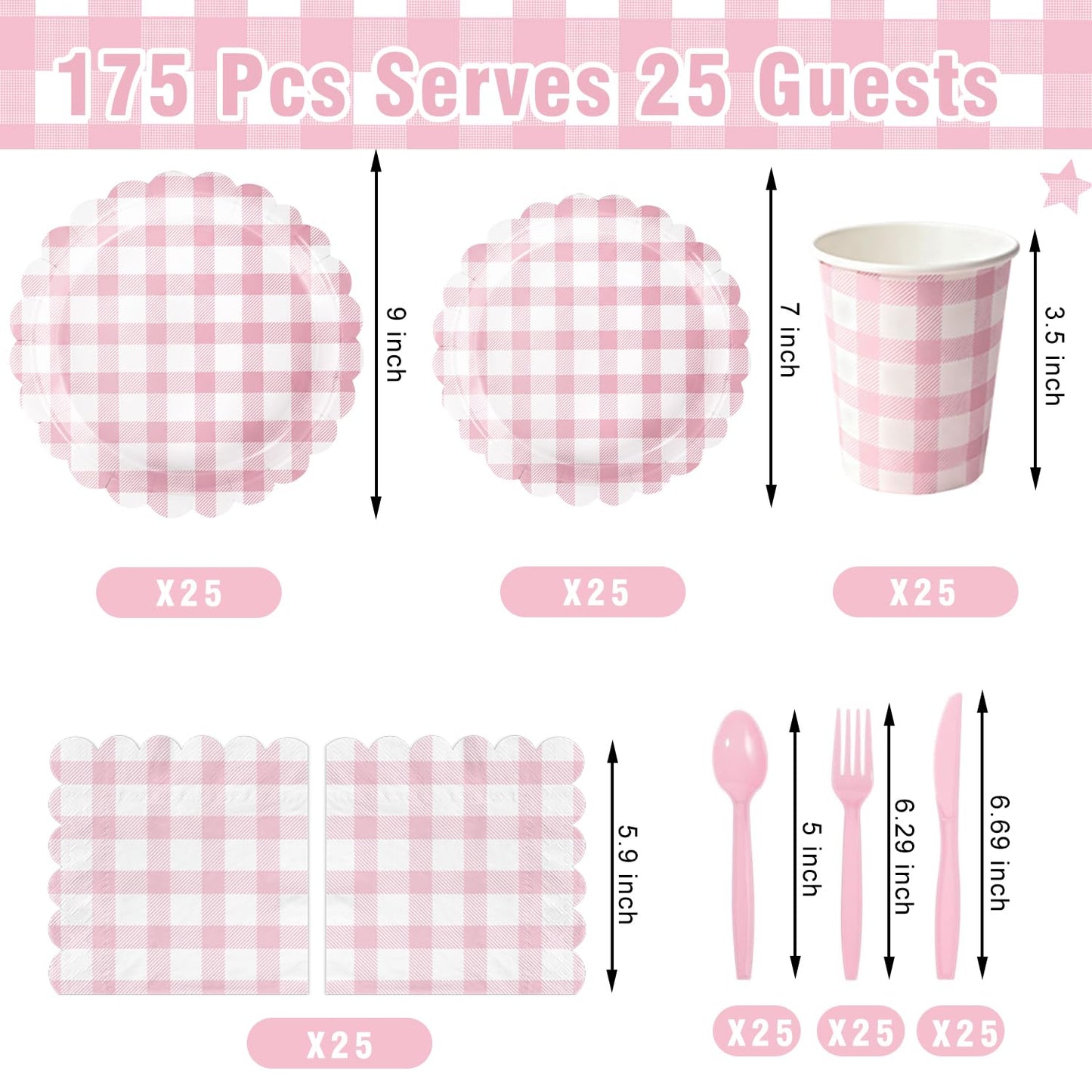 175 PCS Pink Gingham Party Supplies Includes Pink Gingham Paper Plates, Cups, Napkins, Cutlery for Baby & Bridal Shower, Wedding, Birthday Party, Outdoor Picnic, Serves 25